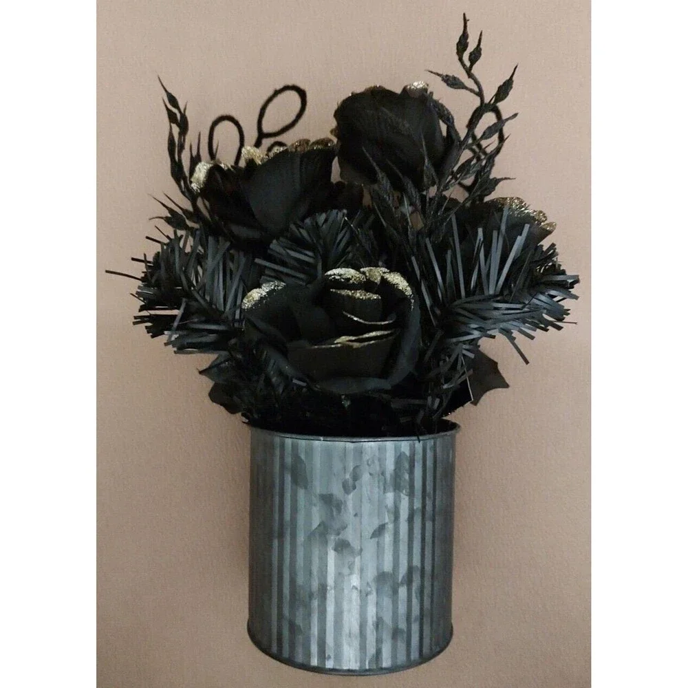 Artificial Flower Bouquet Arrangement Corrugated Tin Vase Black Gold Gray Rose